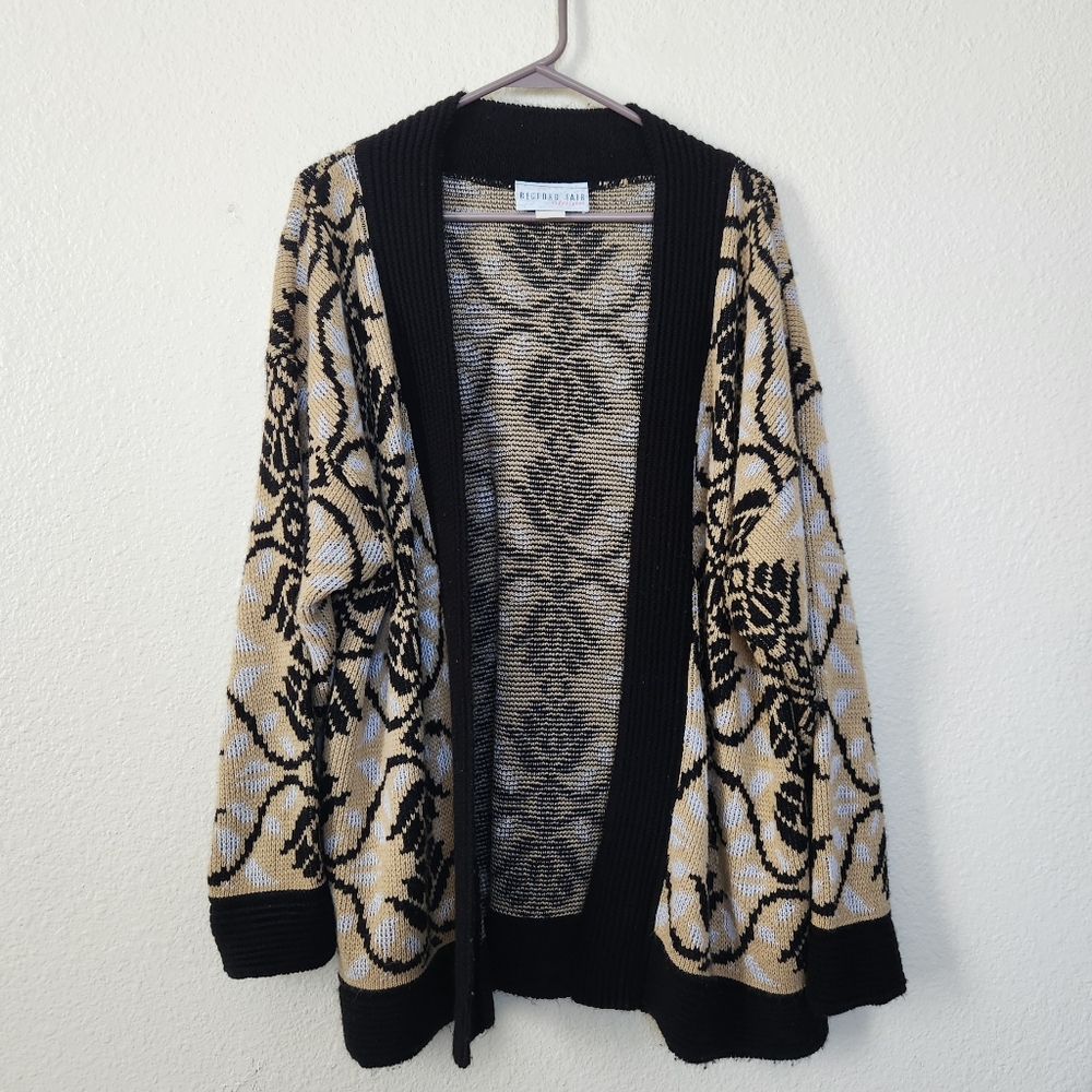 Vintage Bedford Fair Cardigan Sweater Black & Cream Size XL Open Front